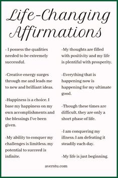 a poster with the words life changing affirmations written in black and white on it