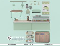 an advertisement for a high school kitchen with various items on the counter and below it