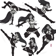 various poses of a woman in black and white clothing with long hair, holding her arms out