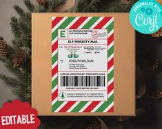 the elf priority mail is on display next to pine cones and christmas decorations with an e - gift tag