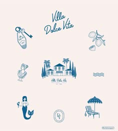 the logos for villa dolce vita are drawn in blue ink on a white background