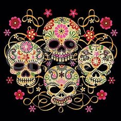 three sugar skulls with flowers and swirls on black background, in the shape of a circle