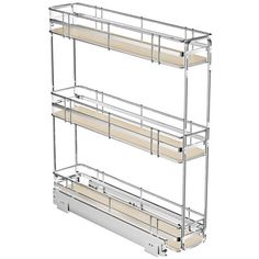 three tiered shelving unit with wooden shelves and metal rails on the bottom shelf