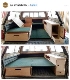 there are two pictures of the inside of a vehicle with drawers and shelves in it