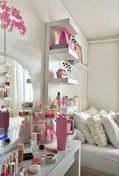 a room filled with lots of makeup and personal care items