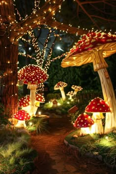 the lights are on all sides of the trees and mushrooms