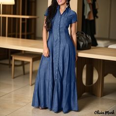 Olivia Mark - Casual Denim Maxi Dress with Shirt Collar and Pockets Denim Outfits For Women Party, Diy Denim Skirt, Dress With Shirt, Casual Denim Dress, Diy Denim, Womens Long Dresses, Denim Maxi Dress, Basic Skirt, Denim Midi Dress