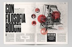 an open magazine with black and red images on it's pages, including the words con filospia boccini