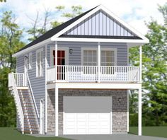 this is an artist's rendering of a two story garage with stairs to the second floor