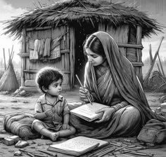 a woman sitting on the ground next to a little boy holding a pen and writing