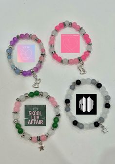 These are all pre-made bracelets inspired by different Kpop albums. These bracelets are crafted with care and attention to detail so that you have the best possible product arrive at your door! Only one of each, so the sizes they come in are the final product. Hoshi Beads Bracelet, Cheap Kpop Style Beaded Bracelets For Birthday, Kpop Friendship Bracelets, K Pop Bracelet Ideas, Kpop Bead Bracelets, Blackpink Bracelet, Concert Freebies, Kpop Bracelet, Kpop Jewelry