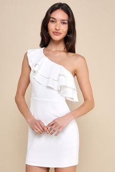 Looking absolutely captivating is easy to when you have look like the Lulus Enticing Behavior White Ruffled One-Shoulder Mini Dress! Stretchy crepe knit shapes this eye-catching dress that features a princess-seamed bodice and a one-shoulder neckline adorned with a ruffled, flounce trim (and hidden no-slip strips). The fitted waist tops a figure-flaunting bodycon skirt that finishes at a mini hem. Hidden side zipper/clasp. Fit: This garment fits true to size. Length: Mid-thigh. Size medium measu Flirty White Mini Dress With Ruched Bodice, Flirty White Mini Dress With Ruffle Hem, White Mini Dress With Ruffle Hem And Sweetheart Neckline, White One-shoulder Mini Dress With Ruffle Hem, White A-line Ruched Mini Dress, Bride Attire, Best Wedding Guest Dresses, Cobalt Blue Dress, Shower Dresses