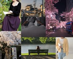 several different pictures with trees and buildings in the background, including a woman sitting on a bench