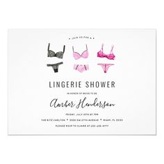 Lingerie Shower / Bachelorette Party invitation featuring watercolor undergarments in shades of pink and black lace. Customize with your information for the bride to be. Additional details can be added to the back if desired. Check out the matching measurements insert card to complete the set Lingerie Bachelorette Party, Bachelorette Party Ideas Girl Night, Lingerie Shower Games, Lingerie Shower Gift, Bridal Lingerie Shower, Bachelorette Party Games Drinking, Lingerie Bachelorette, Beach Bridal Shower Invitations, Lingerie Shower Invitations