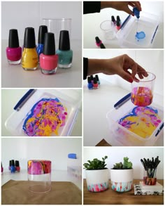 the process for painting with acrylic paint and nail polish is shown in multiple pictures