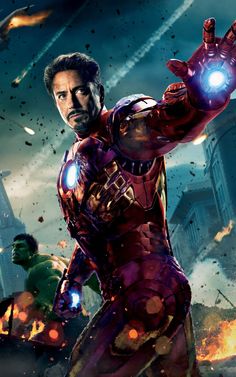 the avengers movie poster with iron man in front of an image of hulk and other characters