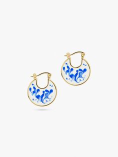 Trendy Blue Enamel Jewelry, Everyday Round Enamel Earrings, Trendy Enamel Drop Earrings, Elegant Round Earrings With Artistic Design, Everyday Single Enamel Earring, Trendy Enamel Earrings For Everyday, Elegant Blue Hoop Earrings For Everyday, Artistic Blue Jewelry For Summer, Elegant Enamel Earrings With Artistic Design