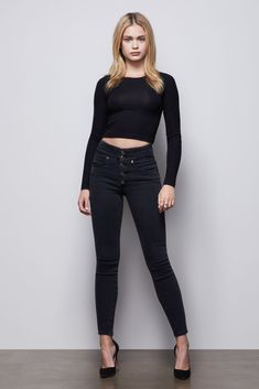 model: Size 0 | Button Fly Jeans Outfit, Sustainable Denim, Classy Clothing, Waist Shapers, Ladies Jeans, Button Fly Jeans, High Waisted Jeans, Family Outfits, Good American