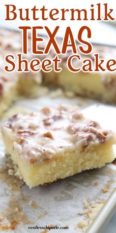 buttermilk texas sheet cake on a baking sheet with the words buttermilk texas sheet cake