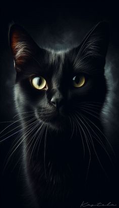 a black cat with glowing yellow eyes looking at the camera while standing in front of a dark background