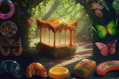 an image of some colorful objects in the dark night time with butterflies and flowers around them