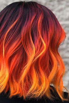 Color Meld Hair, High Fashion Hair Color, Creative Colour Hair Ideas, Fire Color Hair Ombre, Hair Color Ideas For Brunettes Red Ombre, Hair Color Ideas For Brunettes Orange, Flame Colored Hair, Sunset Hair Color Ombre Short, Maroon And Copper Hair