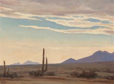 an oil painting of desert landscape with mountains in the background