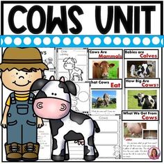 a poster with pictures of cows and the words cow's unit in blue letters