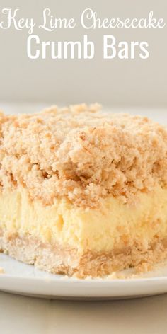 a piece of key lime cheesecake crumb bars on a white plate with text overlay