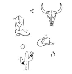 three drawings of cowboy boots, one with a hat and the other with a cow skull