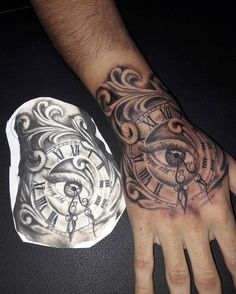 a person's hand with a clock tattoo on it