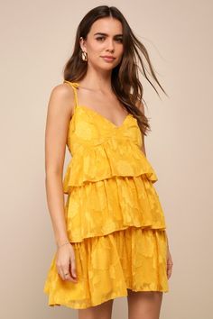 You'll be as sweet as any sunny day in the Lulus Darling Summer Yellow Burnout Floral Tie-Strap Mini Dress! Lightweight woven fabric, with a burnout floral design throughout, shapes this adorable dress that has tying spaghetti straps that support a bodice with seamed cups and a flattering V-neckline. Tiered skirt cascades to a cute mini hem. Hidden zipper/clasp at back and smocking for fit. Fit: This garment fits true to size. Length: Mid-thigh. Size medium measures 26.5" from adjustable straps Bachelorette Dress, Summer Yellow, Tier Skirt, Strapless Bra, Tiered Skirt, Floral Mini Dress, Dress Ideas, Sunny Day, Dress 100