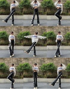 the man is doing different poses on the street