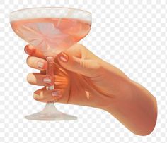 a woman's hand holding a wine glass with pink liquid on the rim, against a white background