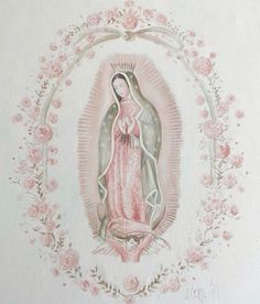 the virgin mary is surrounded by pink roses