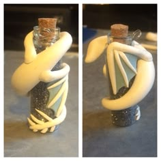 two pictures of a bottle with some sort of decoration on it