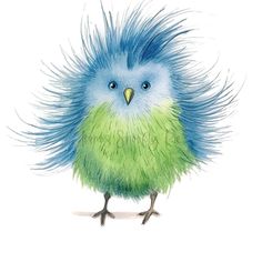 a watercolor painting of a blue and green bird with long hair on its head