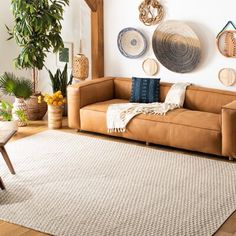 a living room filled with furniture and lots of plants on the wall next to it