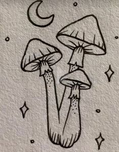 a drawing of two mushrooms with the moon and stars in the sky behind them on paper