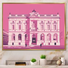 a pink and white building with people walking in the front yard, framed on a wall