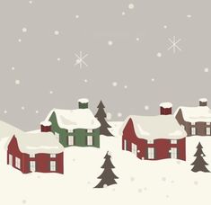 a christmas scene with houses and trees covered in snow