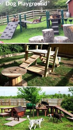 the dog playground is made out of wood and has two dogs on it, one in front