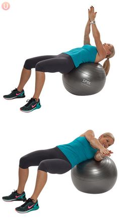 a woman is doing exercises on an exercise ball