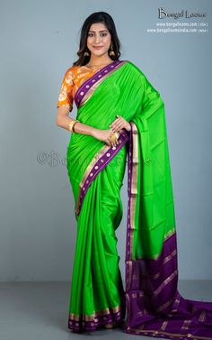 Mysore Crepe Pure Silk Saree in Lawn Green, Imperial Purple and Brush Gold Mysore Crepe Silk Sarees, Mysore Silk Sarees, Imperial Purple, Band Jacket, Crepe Silk Sarees, Mysore Silk Saree, Mysore Silk, Simple Borders, Pure Silk Saree