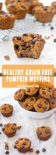 healthy grain free pumpkin muffins with chocolate chips in the middle and text overlay