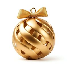 a golden christmas ornament with a bow on it's top and side