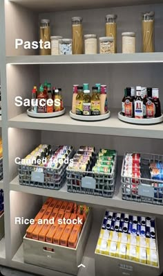 the shelves are filled with different types of food