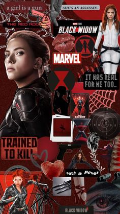 the poster for black widow is shown with many different images and words on it's side