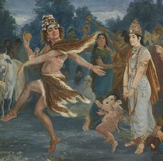 a painting of two women dancing in front of other people and animals on the ground