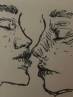 a drawing of two people's faces with their noses close to each other,